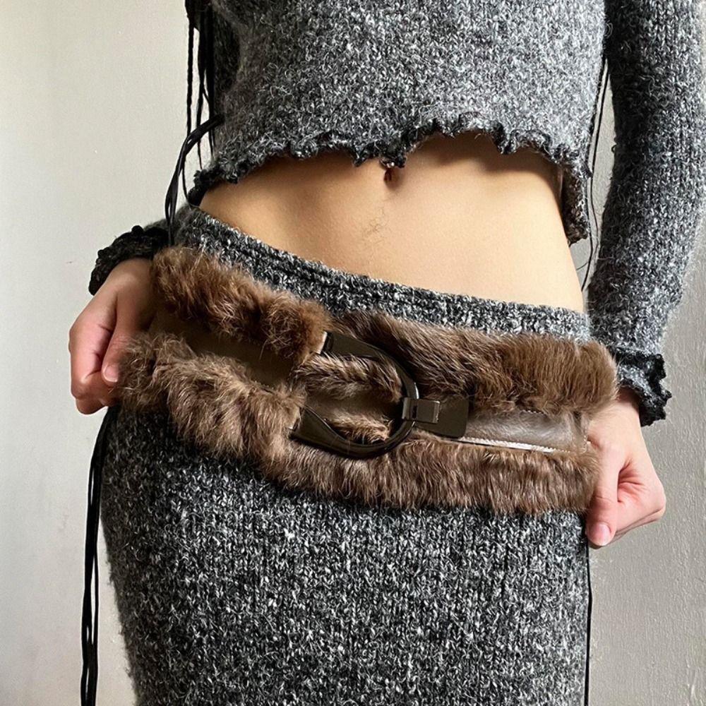 Punk Plush Belt PU Leather Y2K Waistband Simple Leather Fur Belt  Autumn/Winter