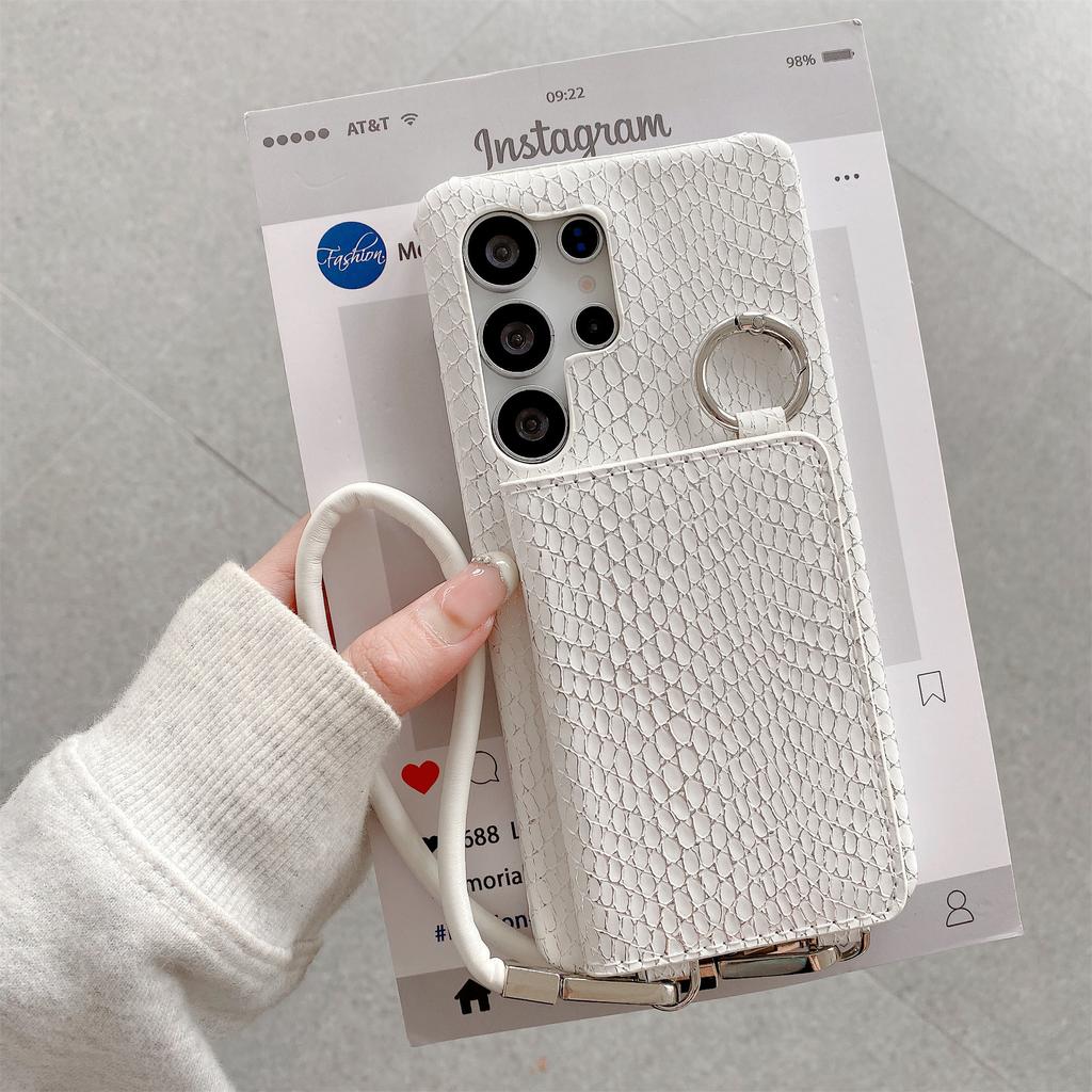 For Samsung Galaxy S24 Ultra Case Card Holder Mirror Snake Texture PU+PC Back Cover with Lanyard