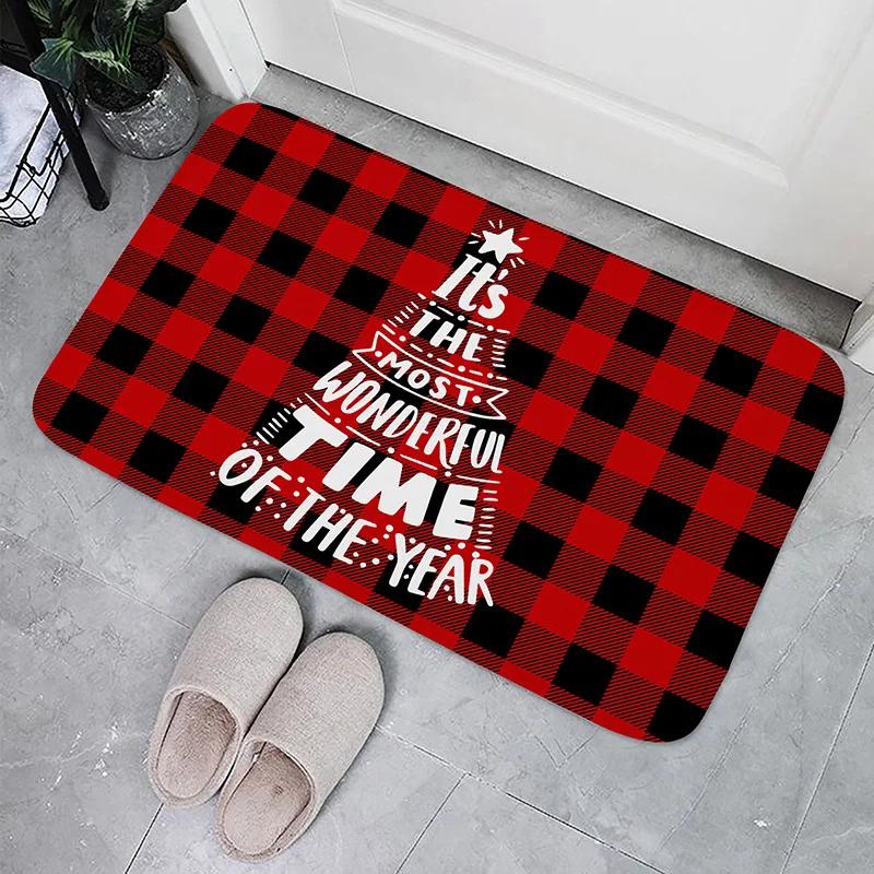 Christmas Buffalo Plaid Check Floor Mat Decorations Winter Xmas Front Door Mat Bathroom Non-Slip Foot Pad Christmas Decorations