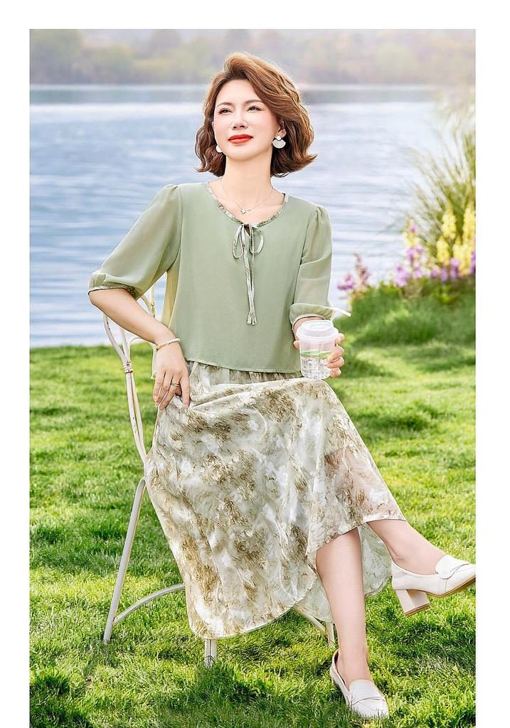 Elegant Summer Chiffon Dress for Middle-Aged Women - New Chinese Style Fashion