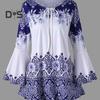 Women Top Flower Print Horn Sleeve A Line Loose Hem Lace Up Round Neck Slim Fit Tight Waist Contrast Color Lady Spring Fall Blouse Top