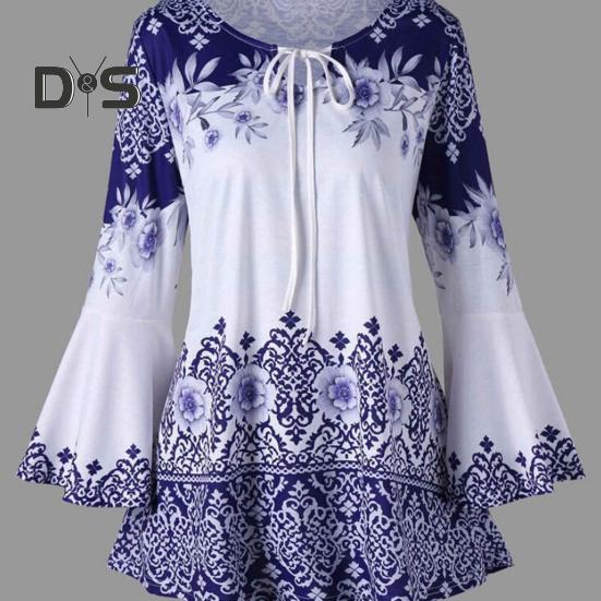 Women Top Flower Print Horn Sleeve A Line Loose Hem Lace Up Round Neck Slim Fit Tight Waist Contrast Color Lady Spring Fall Blouse Top