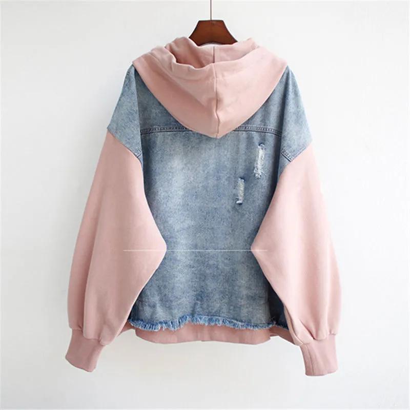 Women's Oversized Loose-Fit Denim Jacket with Hood and Open Front Baseball-Style Sweater