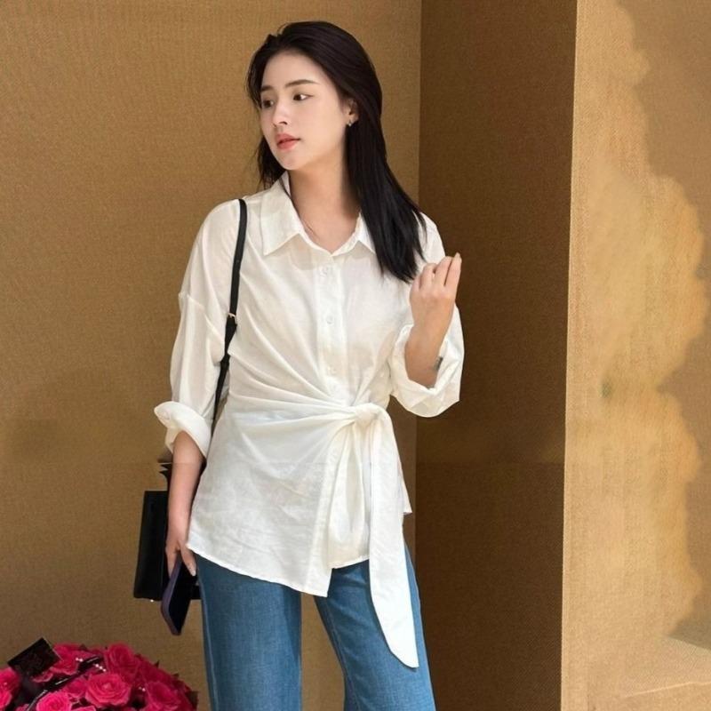 Women's Solid Color Shirt Female Strap Turn-Down Collar Long Sleeves Blouse New Korean Style Versatile Loose Lady Top