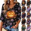 Women's Fashion V-Neck Casual Blouse with Halloween Print Three-Quarter Sleeve Top for Fall Parties