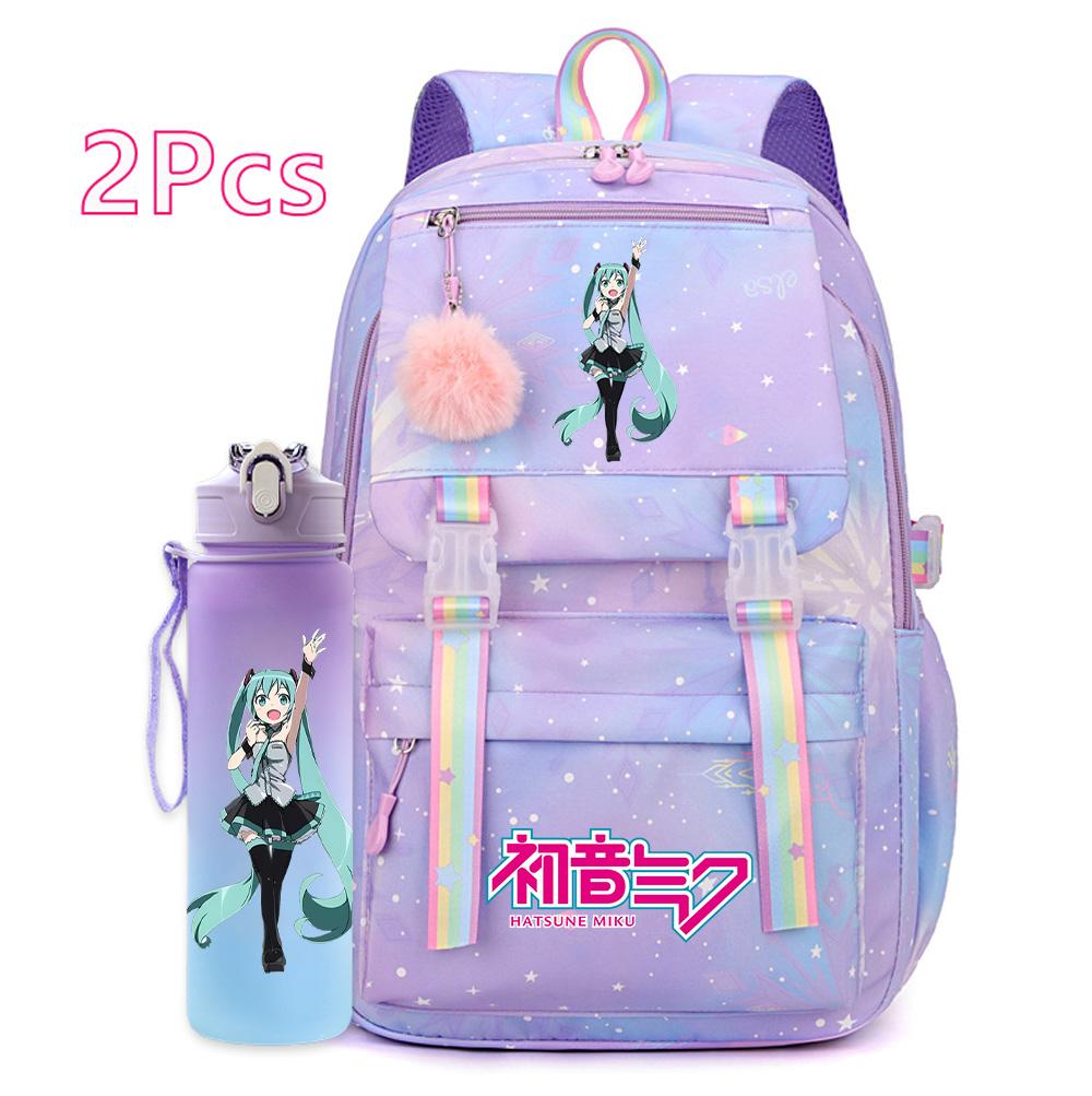 2 st/set Söt Hatsune Miku-tryckt Ryggsäck med 750 ml Vattenflaska för Tonårsflicka Pojke Skolväska Stor Kapacitet Vattentät Resväska Gåva