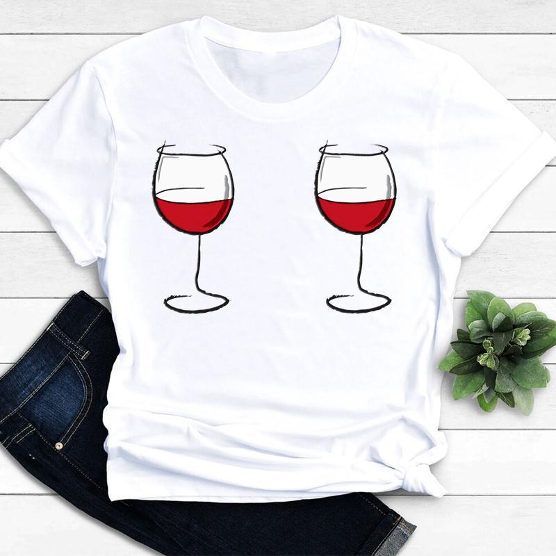 Womens Vintage Tee Color Wine Glass Print a Generation Hair Base Shirt Trend Aesthetic Graphic T Shirts Casual Tops
