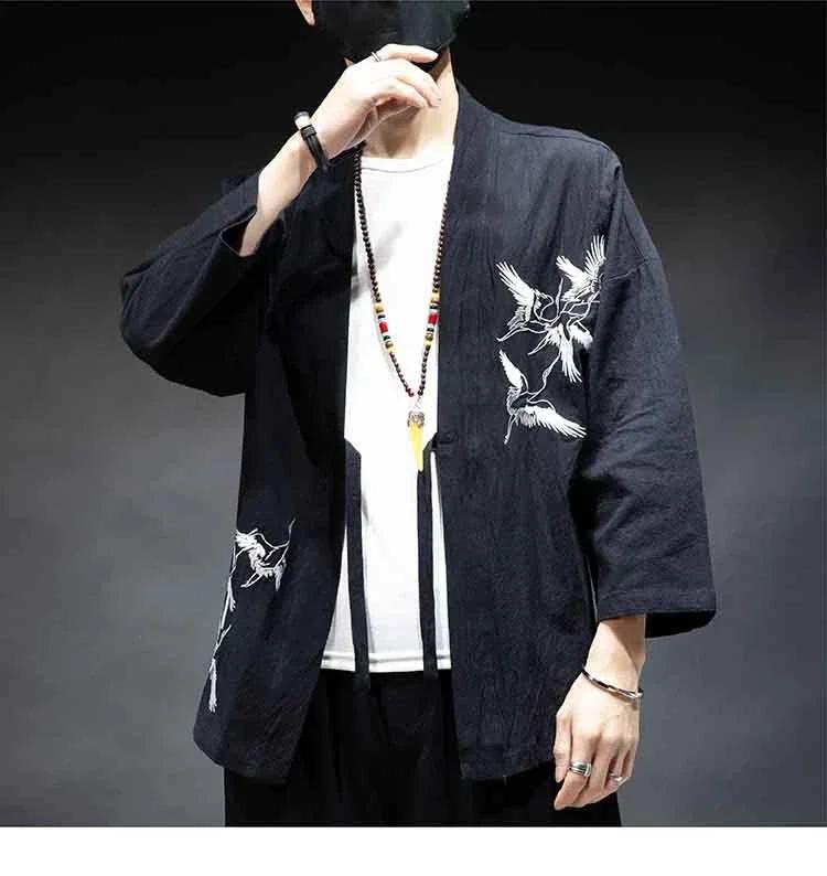 Hochwertige Baumwoll-Leinen-Mischung Japanische Mode Herren Kimono, Samurai Japanische Kleidung Trenchcoat