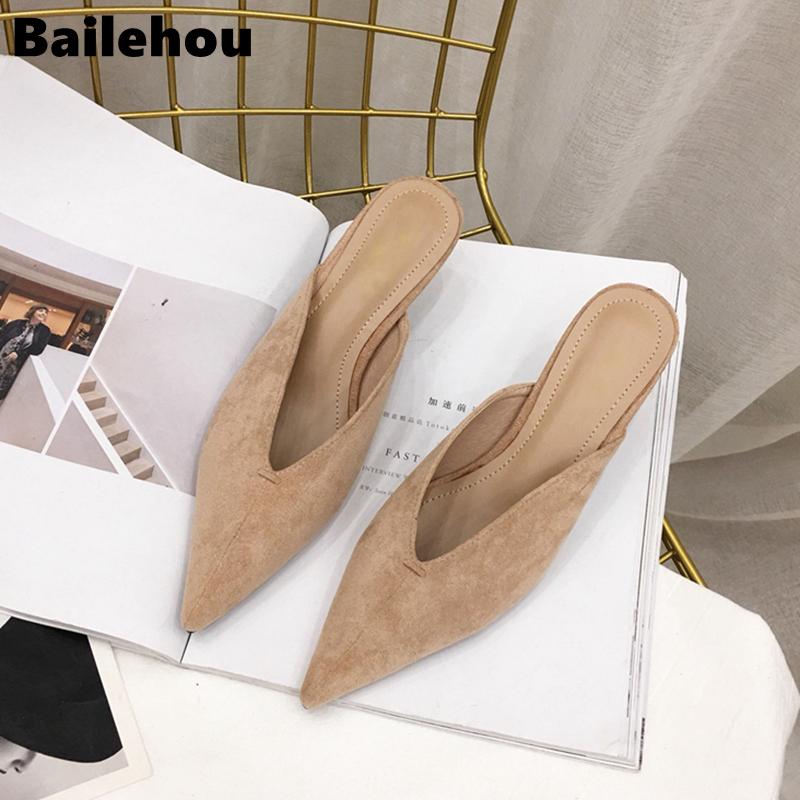 Fashion Bailehou 2025 New Summer Flock Leather Pointed Toe Women Slippers Low Heel Slip On Mules Outsides Ladies Slides Slippers Pumps