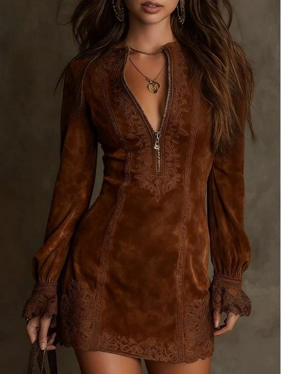 In-Stock 2025 Long-Sleeve Lace-Trimmed Slim Fit Midi Dress for Women