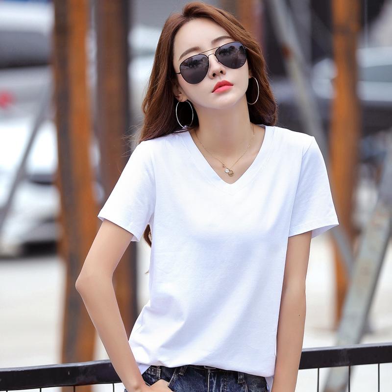 New Short-sleeved Cotton Simple Slimming Loose Korean Style V-neck Large Size Women's T-shirt Tops Bottoming Shirt