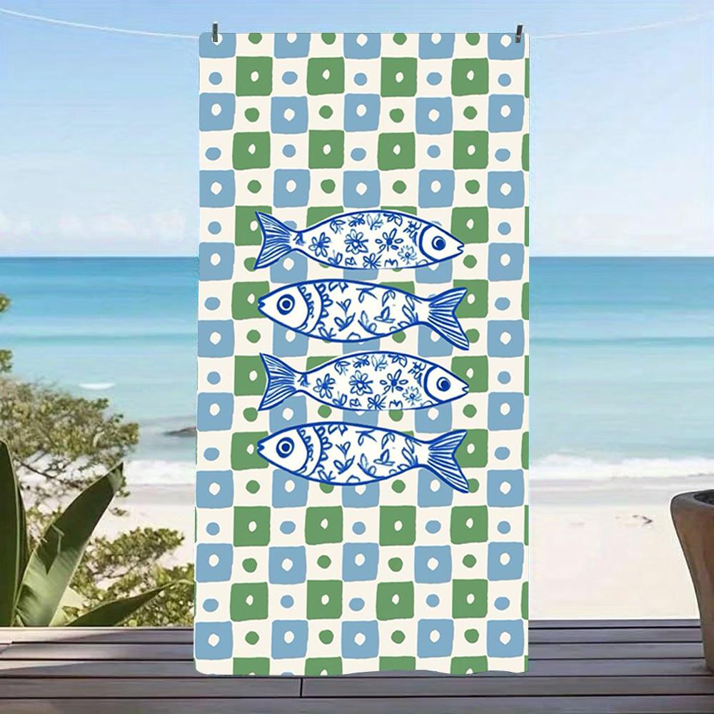 Green Grid Colorful Fish Print Beach Towel Anti Sand Microfiber Pool Towel Summer Beach Swim Outdoor Gym Camping