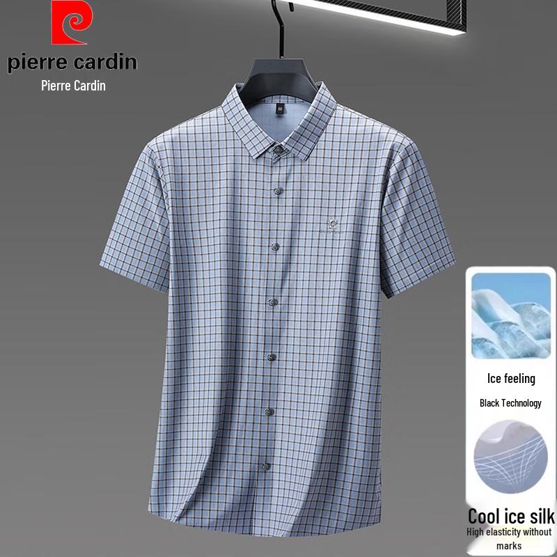 Pierre Cardin Men s Ice Silk Plaid Short-Sleeve Casual Shirt M