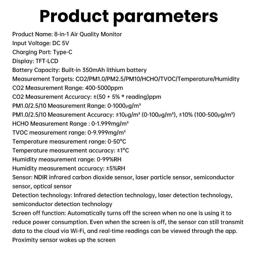 Professional 8 In 1 WIFI Air Quality Monitor CO2 HCHO TVOC PM1.0 PM2.5 PM10 Tester Temperature Humidity Meter Carbon Dioxide Multifunctional Detector