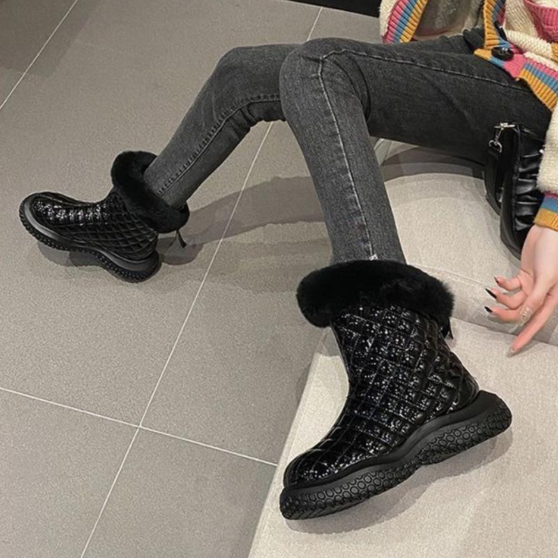 Winter Leather Waterproof Woman Shoes Chunky Round Toe Plush Snow Boots for Women Trend 2025 Boot On Promotion Goth Hot Booties