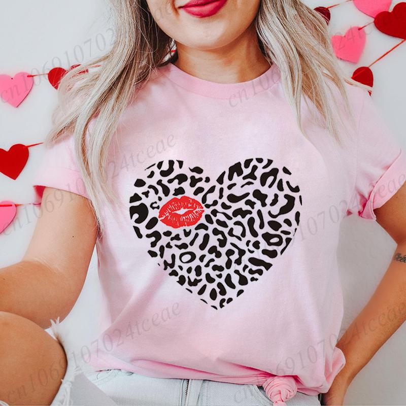 Women's T-Shirts Clothing Valentine Leopard Love Heart Print Tees Breathable Tshirt Loose T-Shirts Harajuku Casual Short Sleeve