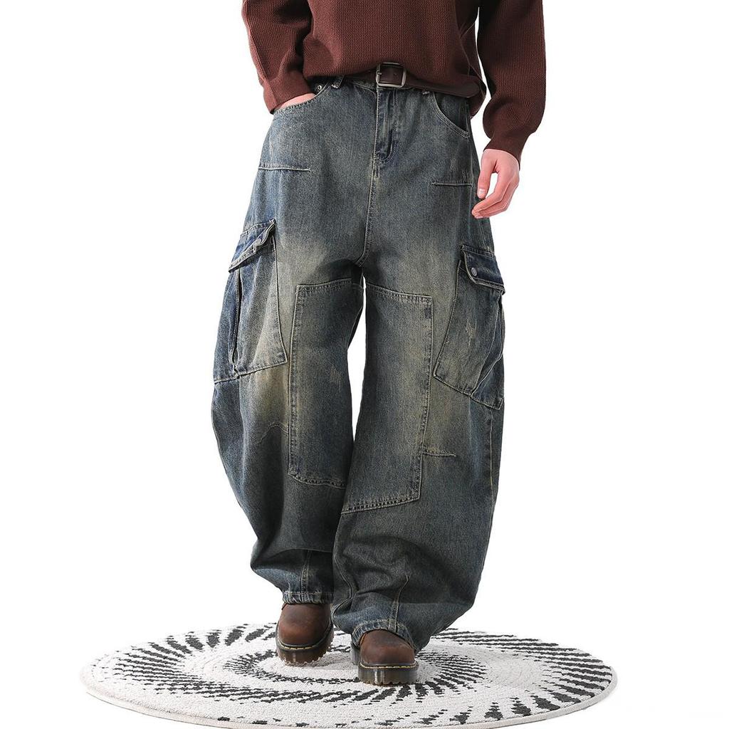 Unisex Street Style Distressed Scimitar Wide-Leg Cargo Jeans