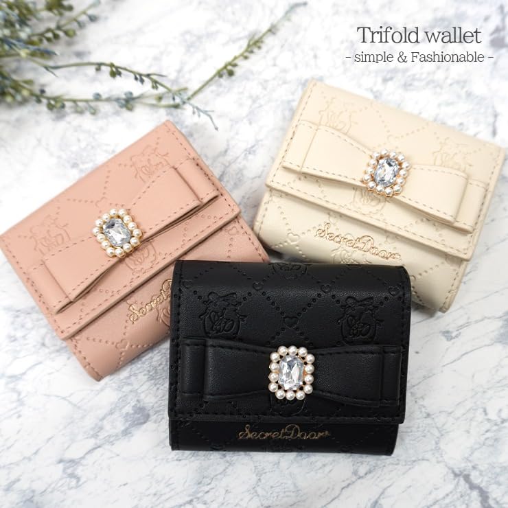 Reborn Company, Inc. Women's Tri-fold Wallet, Compact Mini Wallet with Ribbon and Box Coin (Black)