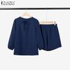 ZANZEA Women Long Sleeve Blouse and Shorts Summer Two Piece Suit Sets