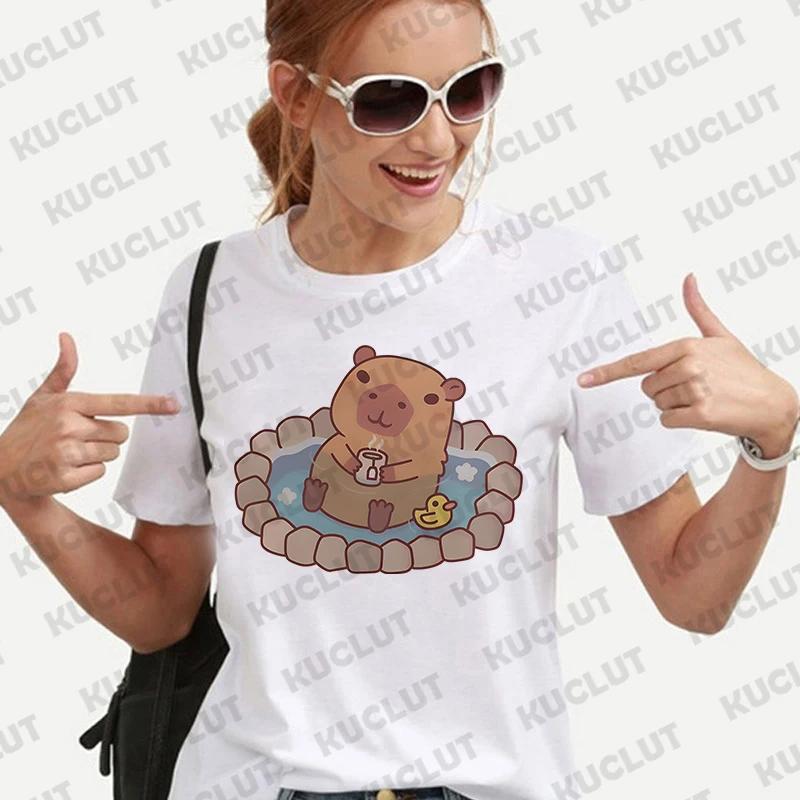 Woman Clothing Japanese Style Cute Capybara Print Tees Shirt Fashion Female Clothes T-Shirts Funny Animal Graphic Y2k Tops