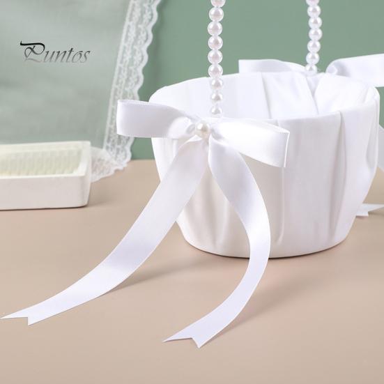 Wedding Flower Girl Basket Satin Bowknot White Basket with Faux Pearl Handle Hand Held Wedding Basket for Ceremony Party Decor