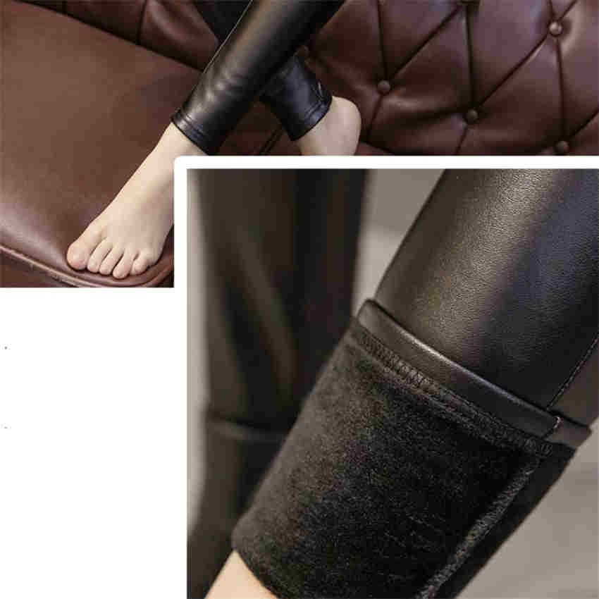 Dámské zimní teplé kalhoty Pu Kožené sametové kalhoty Elastická tužka Skinny Kalhoty těsné kalhoty