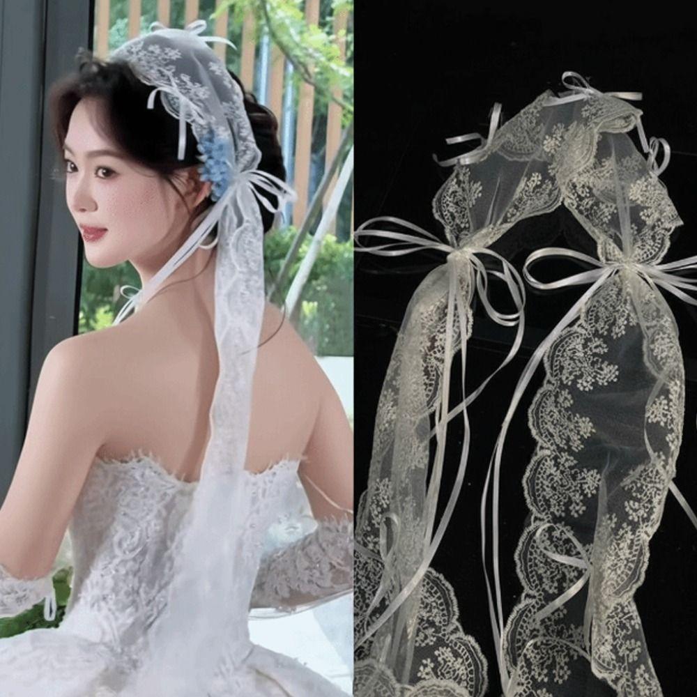 הינומה לחתונה רטרו בסגנון צרפתי רקומה לכלה כיסוי ראש לחתונה לכלה קשת תחרה סרט ראש ארוך