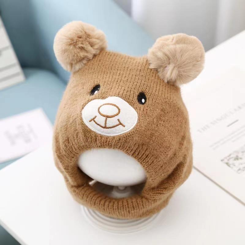 Cute Cartoon Bear Baby Hat Scarf Winter Warm Double Pompom Ear Protection Hats Bonnet Newborn Toddler Boy Girl Beanies
