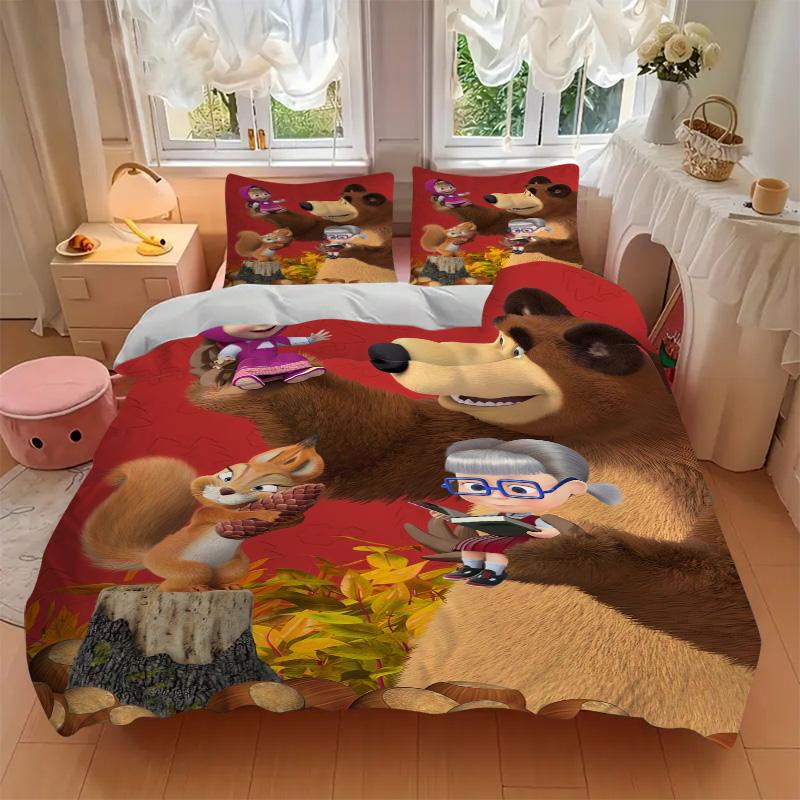 Masha Bear Adventure Print 3Pcs Bedding Setduvet Cover With 2 Bedropillowcase Home Birthday Gift