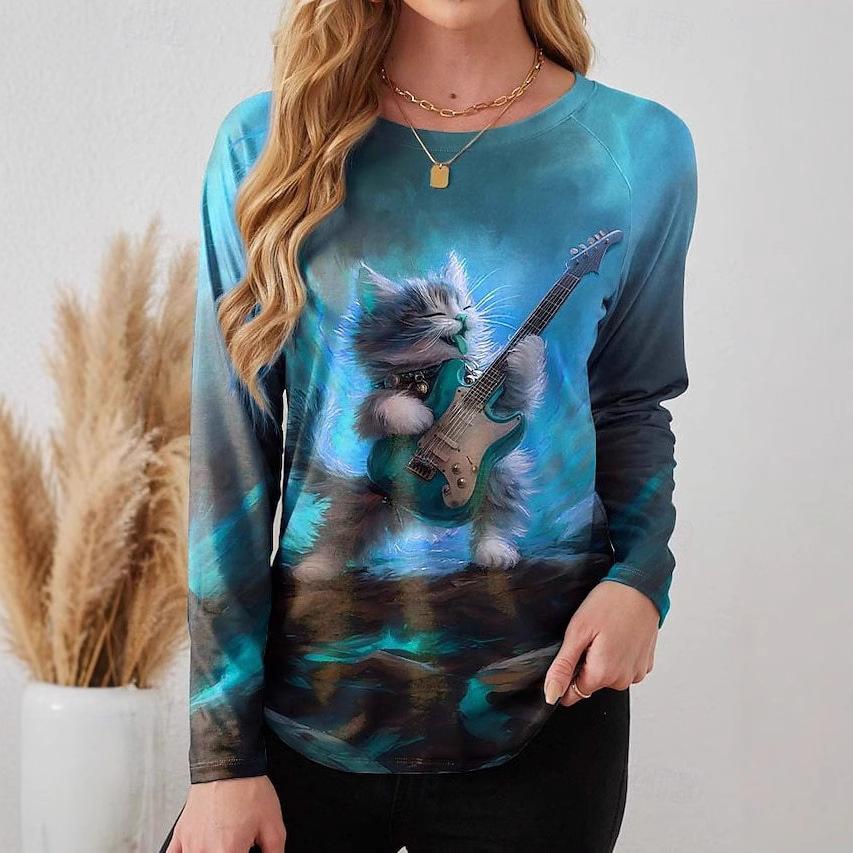 Spring and Autumn Fashion 3D Dog and Cat Printed Top Round Neck Long Sleeve Women's T-shirt