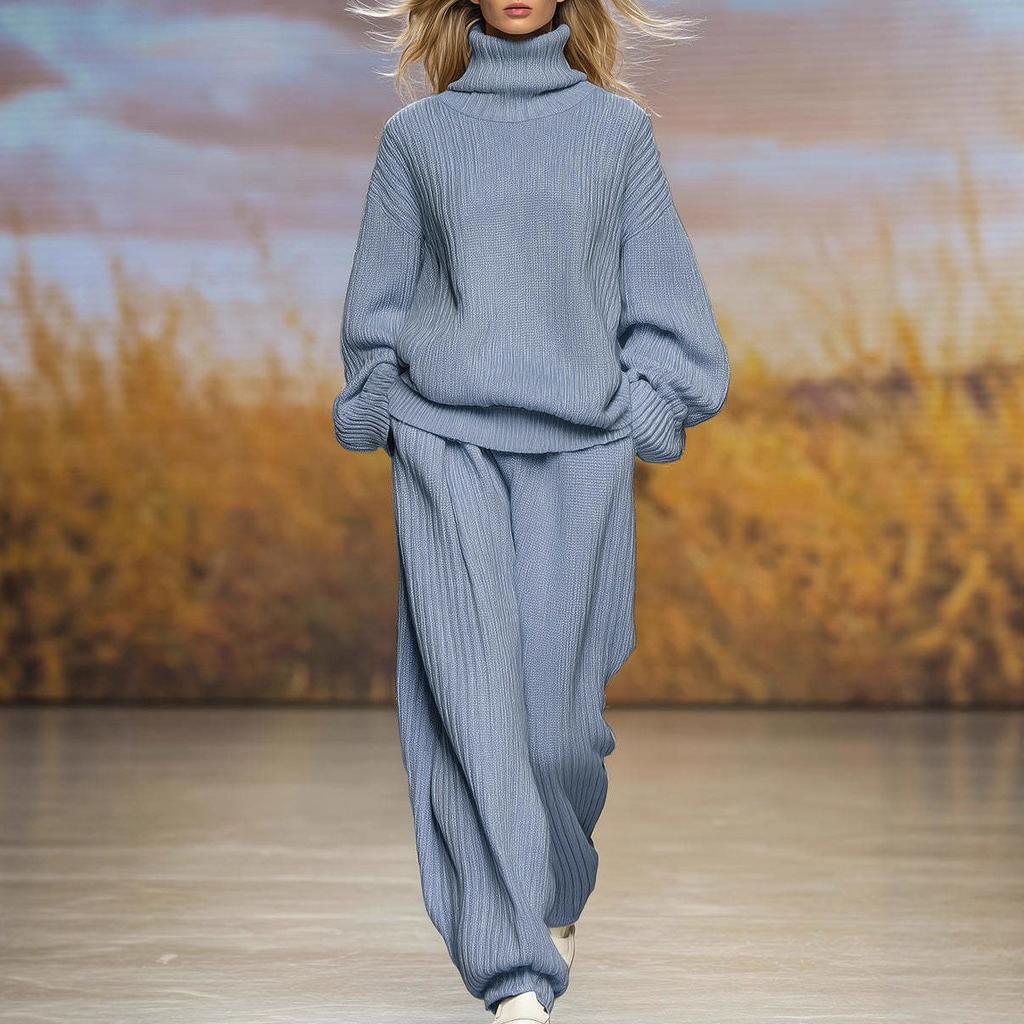 DM025 European and American Cross-border 2025 Spring and Autumn Leisure New Knitted Loose High-necked Wide-leg Pants Set