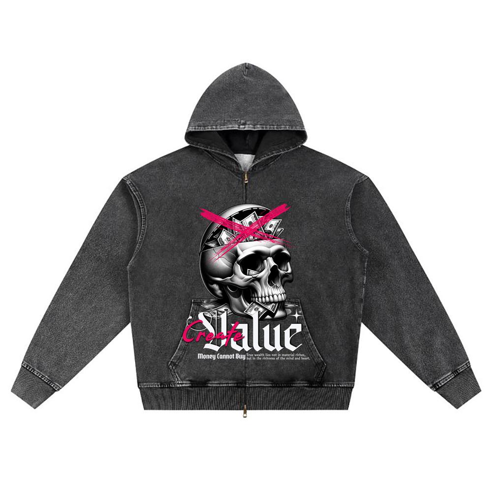 

DTG print Knitted Denim Zip-Up Hoodie Money Cannot Buy Brother Print Zipper Hoodies S