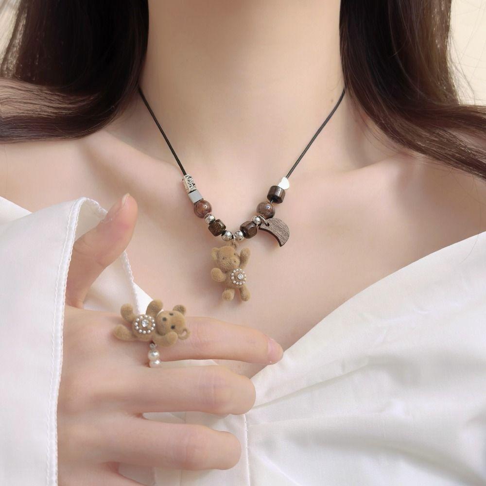 Sweet Bear Pendant Necklace Funny Sweet Choker Cute Flocked Bear Necklace  Sweater Chain