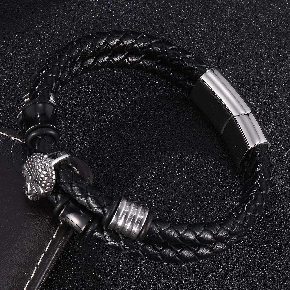 Fashion Men Bracelet Black Double Circle Leather Skeleton Stainless Steel Buckle Bracelet Man Skull Jewelry