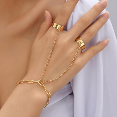 Simple Heart Slave Chain Bracelet Gold Plated Link Connected Wide Finger Ring Bracelets Jewelry Gifts for Women Girls