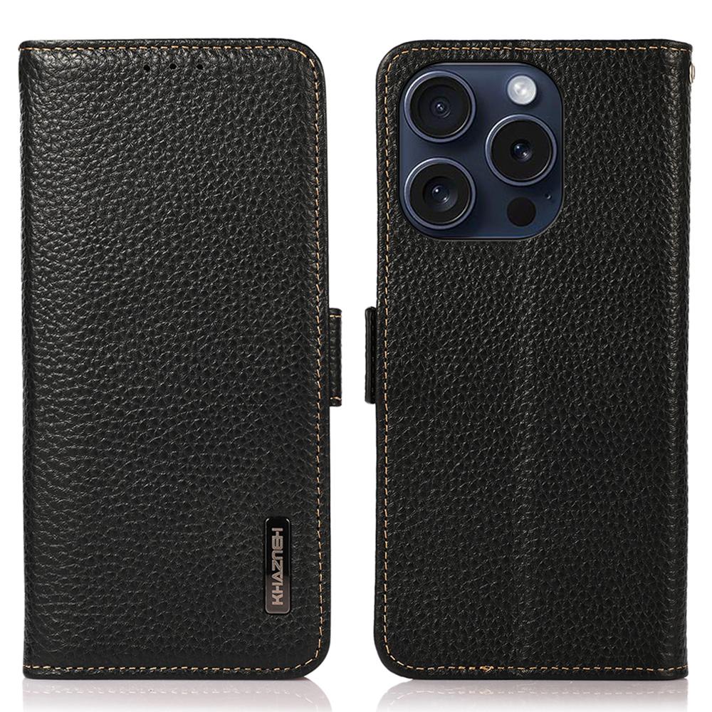 KHAZNEH For iPhone 16 Pro Case RFID Blocking Genuine Cow Leather Wallet Phone Cover