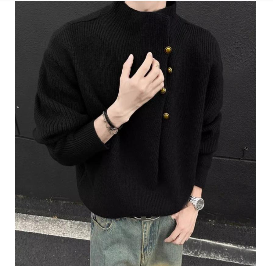 

Irregular Button Design Sense Turtleneck Sweater Men s Korean Trendy Brand Ruffian Handsome Lazy Oversize Knitted Sweater Top M чёрный