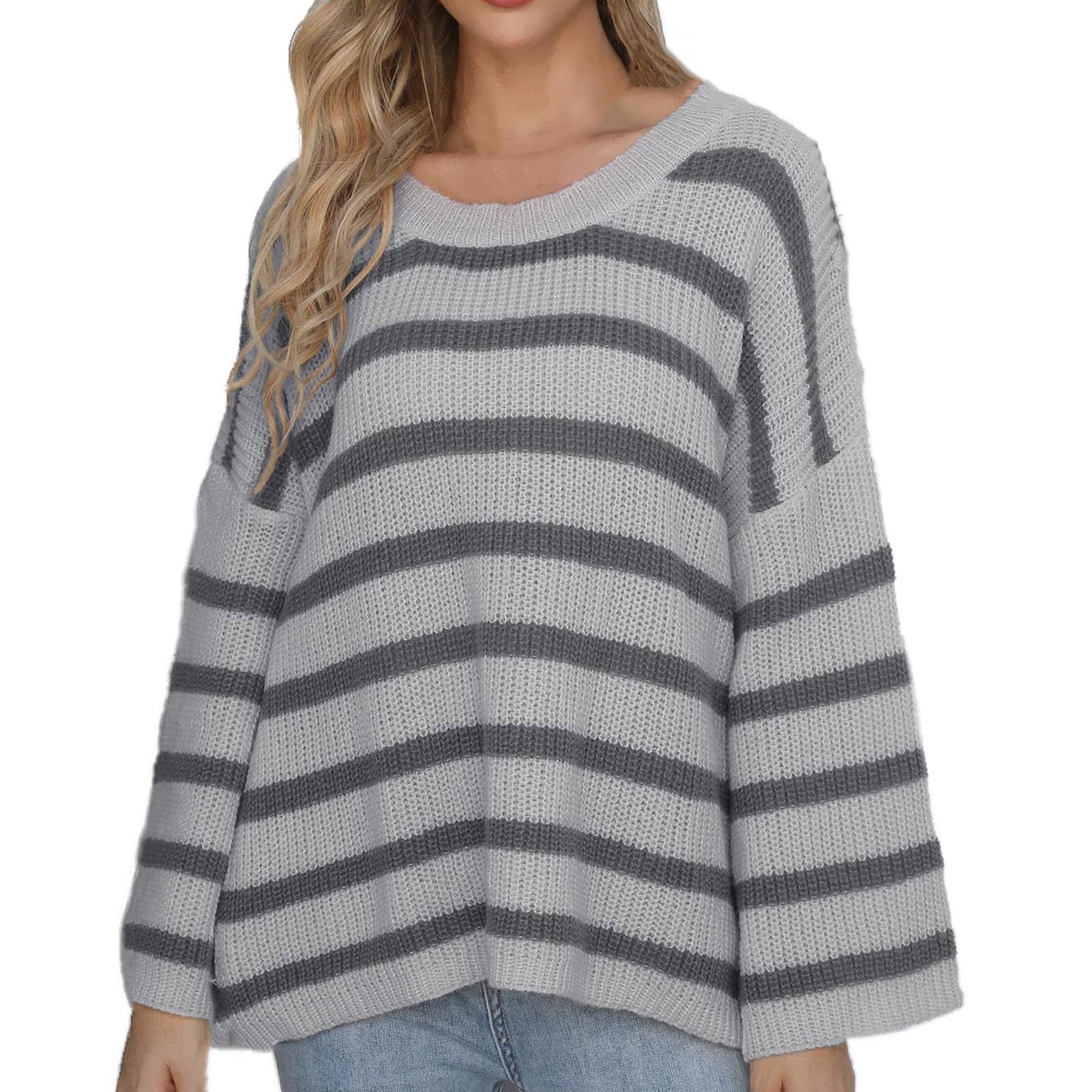 

Женский повседневный модный удобный полосатый свитер контрастного цвета с пуговицами, свободный свитер с рукавами-трубой One Size серый