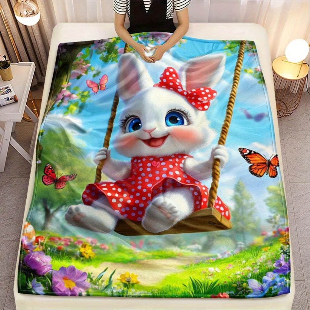 Adorable Bunny on Swing Blanket Spring Garden Scene Cute Animal Print Flannel Throw Blanket for Kids Girls BedroomDecorationGift