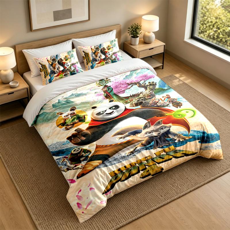 Soft Bedding Set Kung Fu Panda Pattern, 1 Duvet Cover Plus 2 Pillowcases Stylish Bedroom Home Textile