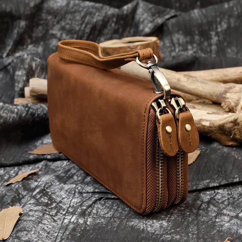 Men's Crazy Horse Leather Long Wallet Genuine Double Zipper Multi-Card Cowhide Clutch Large Capacity Phone Bag