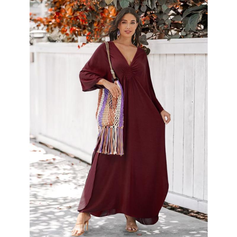 Women's Fashion Spring Fall Solid Color Print Long Sleeve V-Neck Loose Waistline Casual Dresses