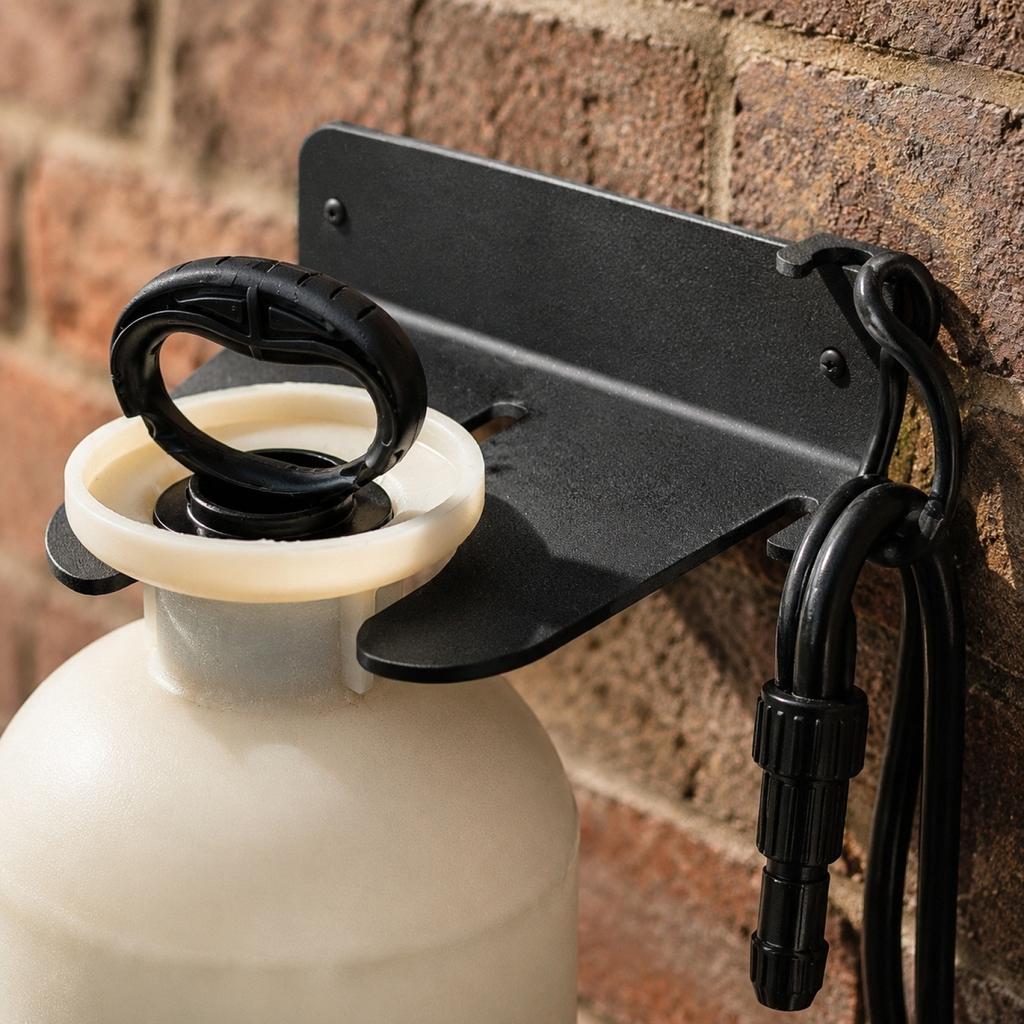 Garden Sprayer Holder Wall Mount Bracket for Outdoor Storage Garage Shed Tool Organizer Heavy Duty Metal Construction Durable Support