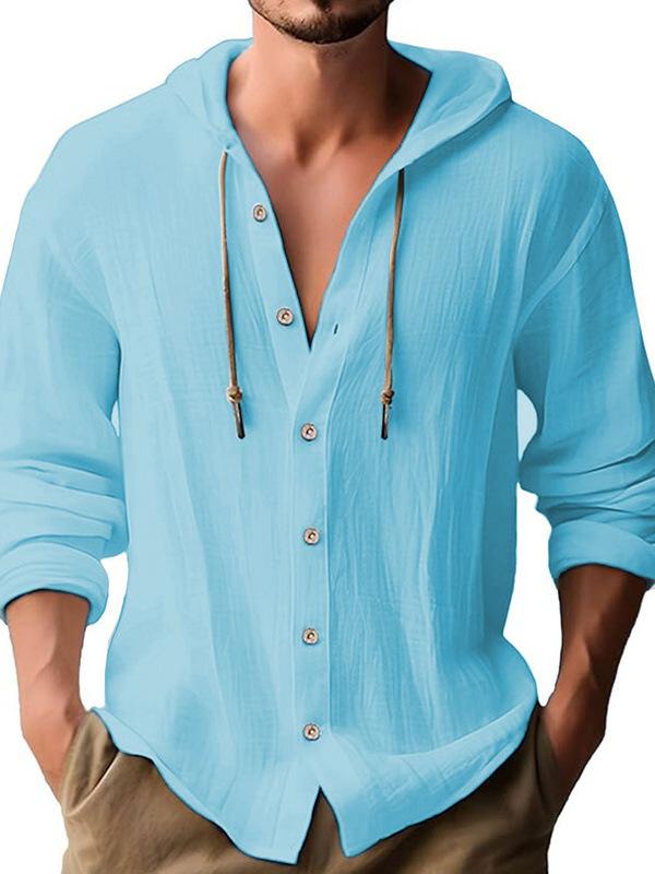 American Linen Men's Shirt, Fashionable and Casual Summer Breathable Thin Hooded Short-sleeved Cardigan Jacket