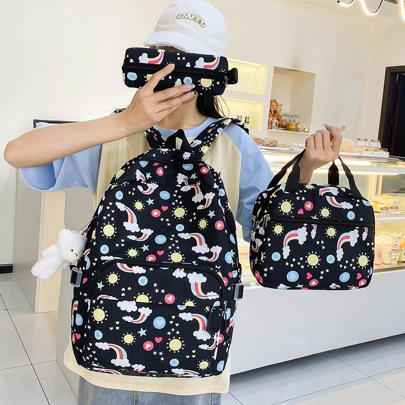 Women's Backpack Three-Piece Set Rainbow Print Student Schoolbag Large Capacity Backpack