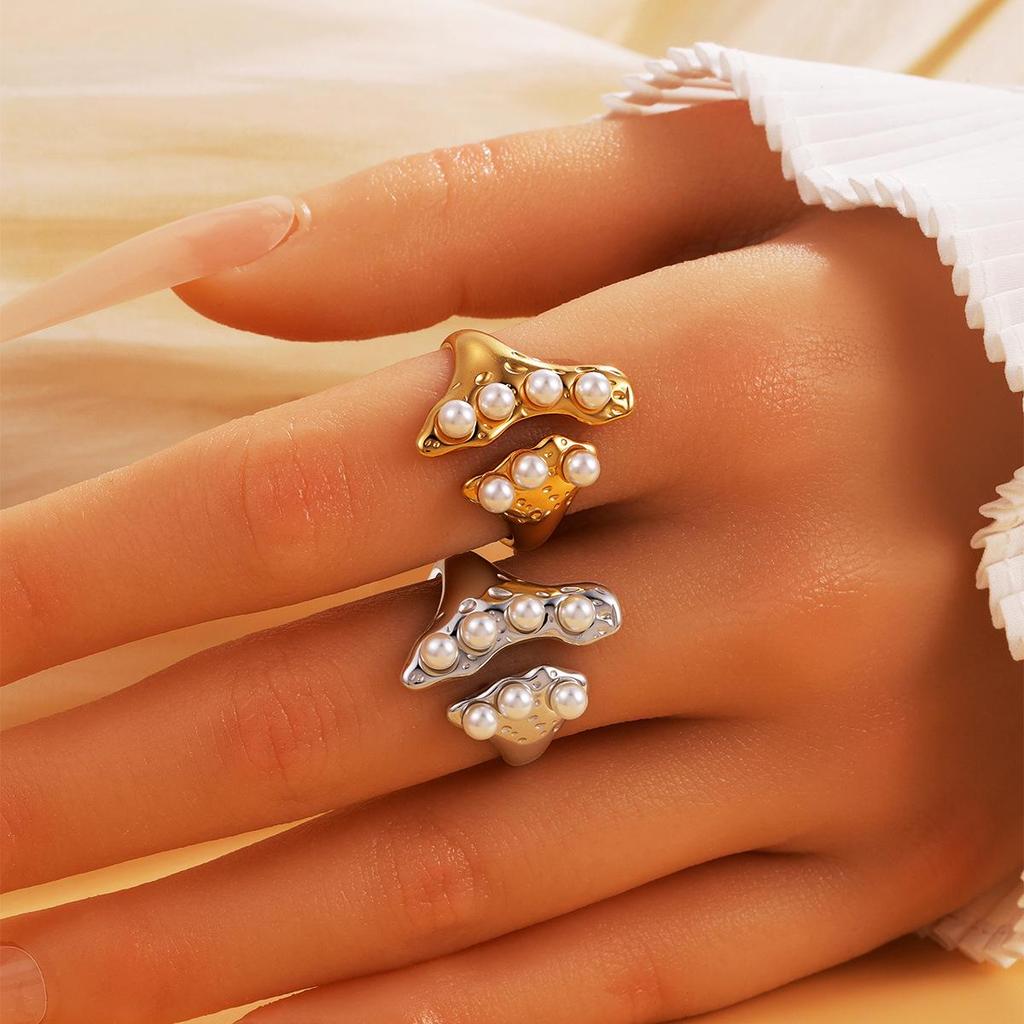 French Retro Geometric Irregular Stainless Steel Ring with Baroque Pearl - Adjustable Women's Statement Jewelry