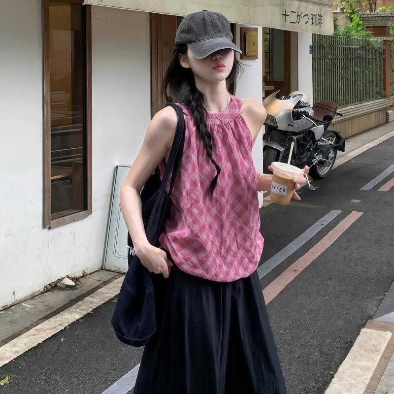 Retro Versatile Contrasting Color Plaid Sleeveless Vest for Women Summer New Sweet Loose Top
