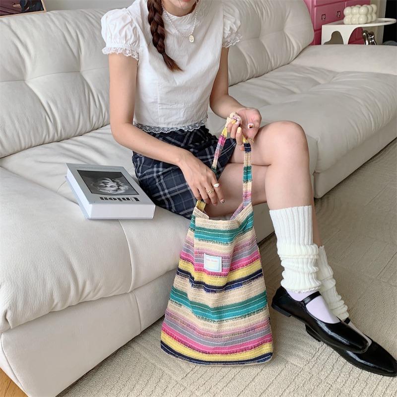 1 bag women's new wool knitted handbag contrasting color rainbow striped underarm shoulder woven bag