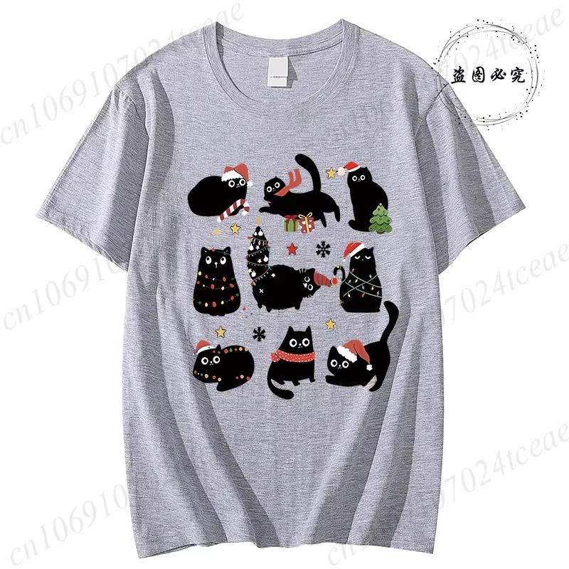 Black Cat Christmas Tops Fun Cat Costumes With Santa Claus Hats Patterned TShirts Christmas Party Outfits S
