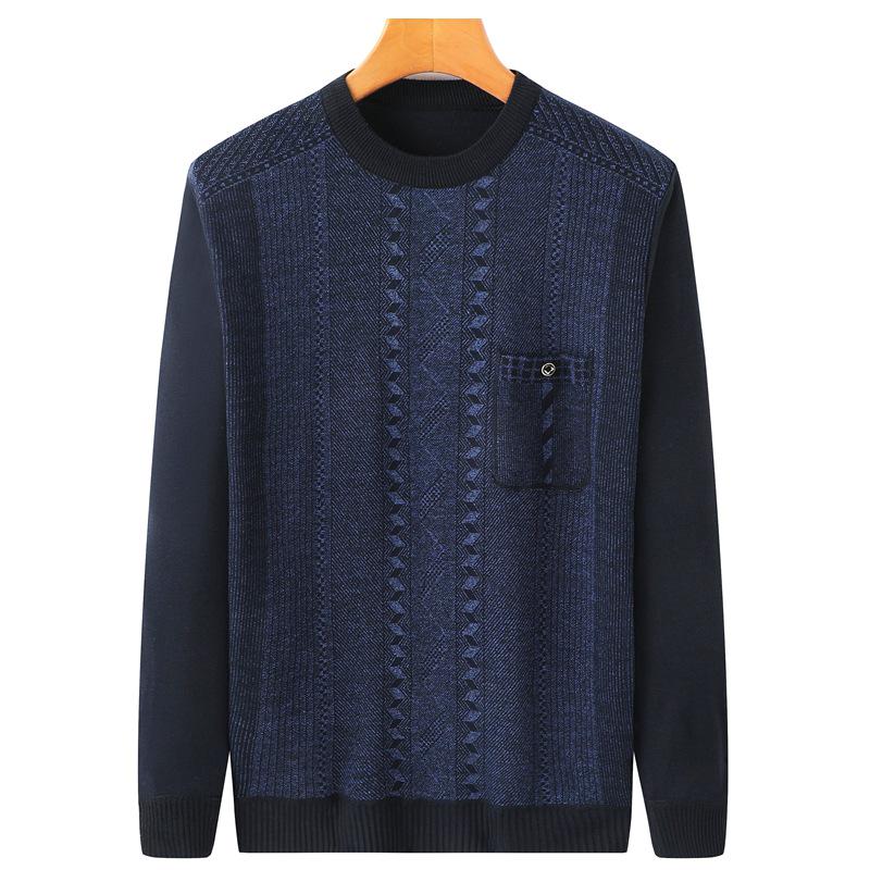 Men's Fleece-Lined Round-Neck Sweater for Autumn/Winter - Warm Knitted Base Layer for Dad or Grandpa